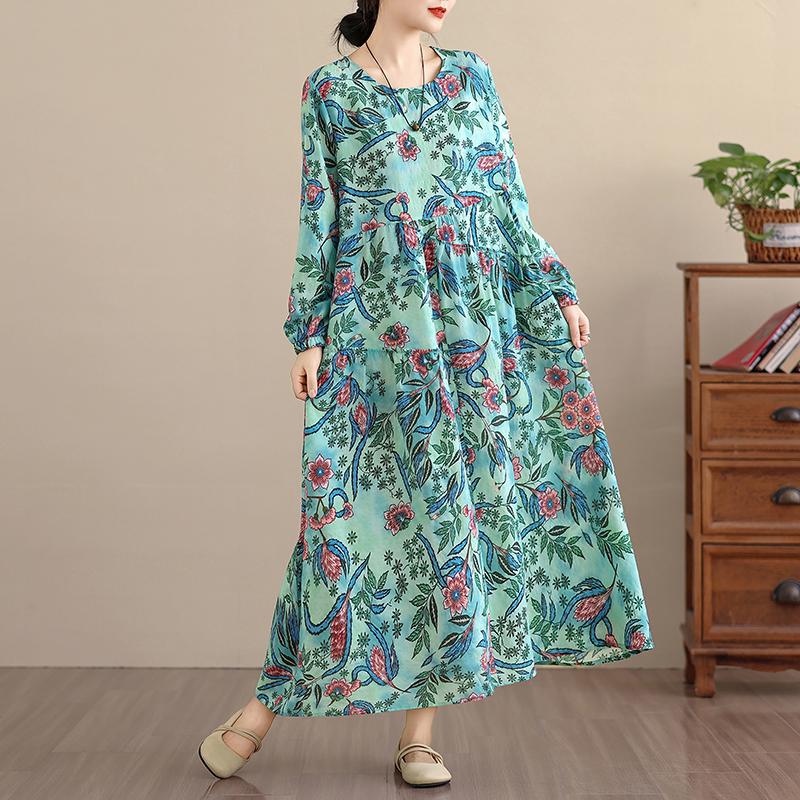 DIMANAF New 2026 Spring Summer Women Plus Size Vintage Long Dress Loose Oversize Long Sleeve Maxi Floral Print