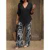 Women's V-Neck Mid Sleeve Top and Printed Wide Leg Pants Set