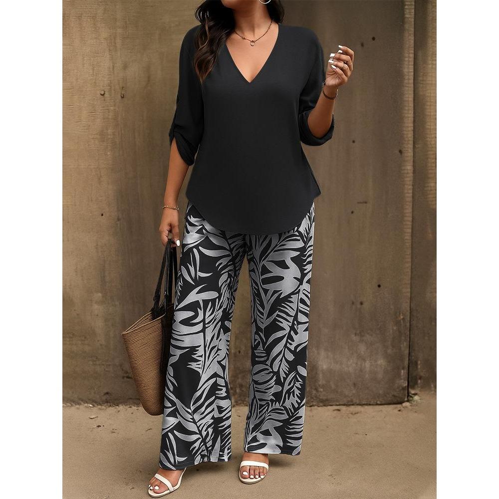 Women's V-Neck Mid Sleeve Top and Printed Wide Leg Pants Set