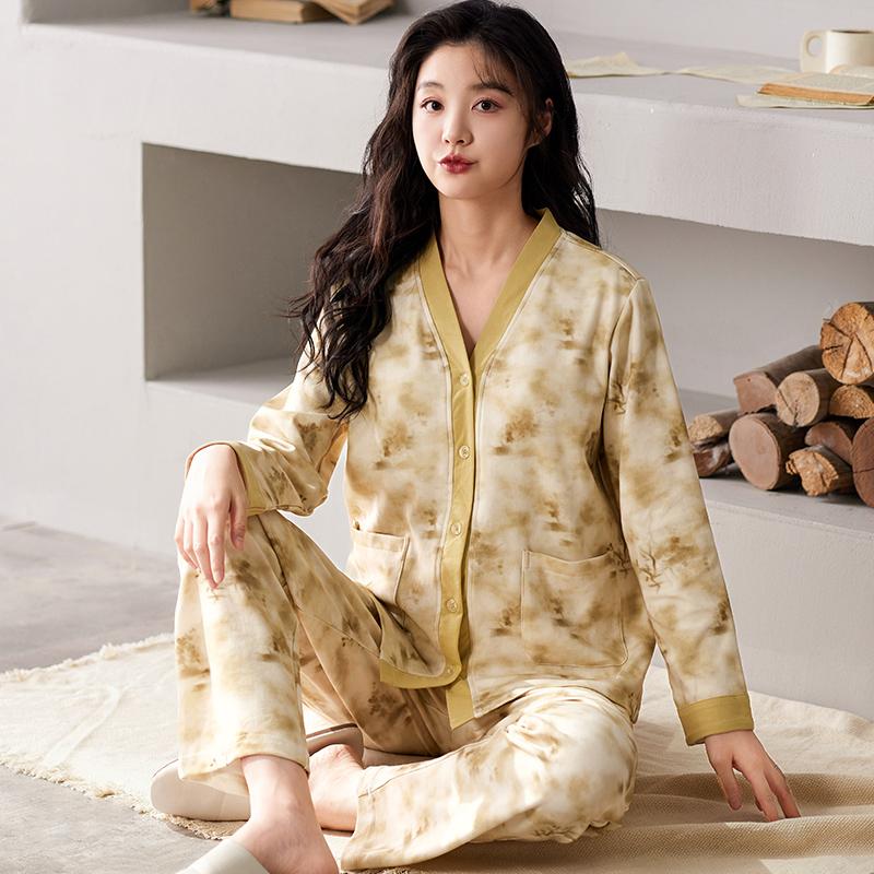 Ink and Wash Women Pajamas Set Casual Long Sleeves Long Pants Autumn Winter Simple Sleepwear Cozy Pyjamas Soft Pijamas Girls Pjs