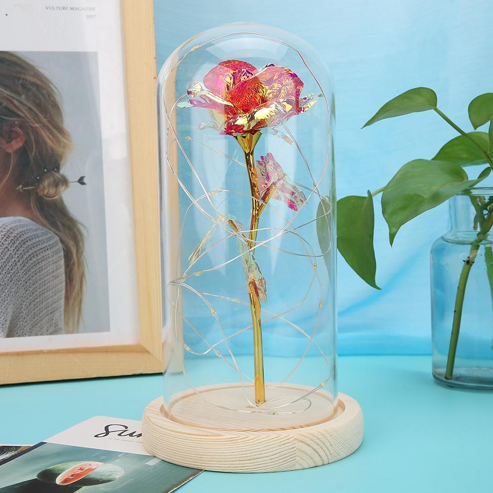 LED Night Light Lamp Wooden Base with Beautiful Rose Valentines Gift Christmas Presentpink