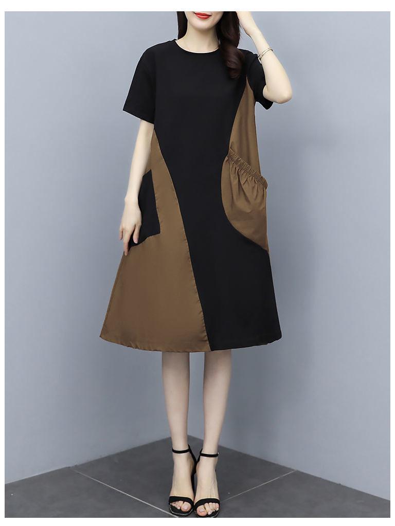 Summer Color-Block Short-Sleeve Dress, Korean Style, Plus Size, Loose Fit, Slimming with Pockets