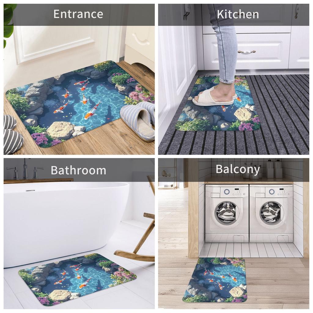 3D Vibrant Koi Fish Doormat Non-Slip Kitchen Bath Mat Bedroom Balcony Floor Door Entrance Carpet Rug