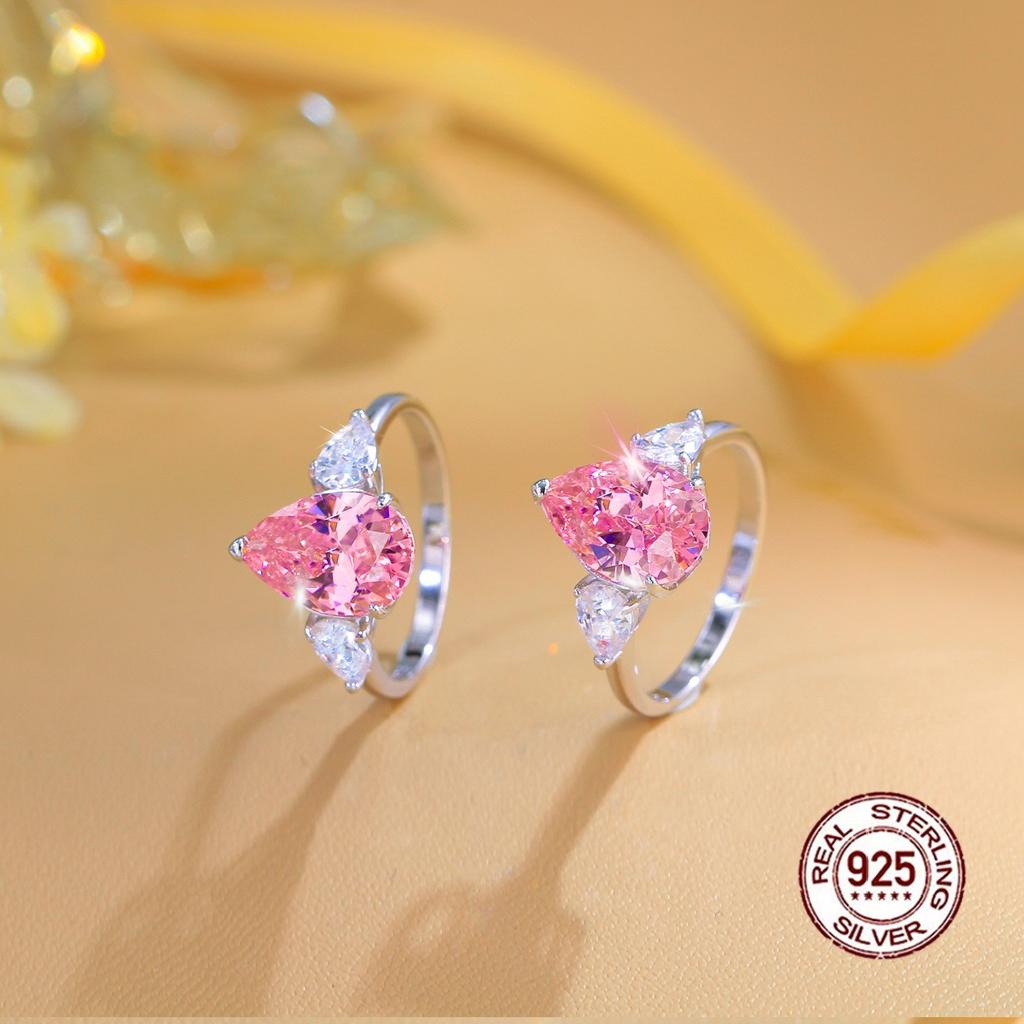 925 Sterling Silver Pear Cut 5A Cubic Zirconia Ring Sparkling Pink Teardrop CZ Engagement Promise Rings for Women Fine Jewelry