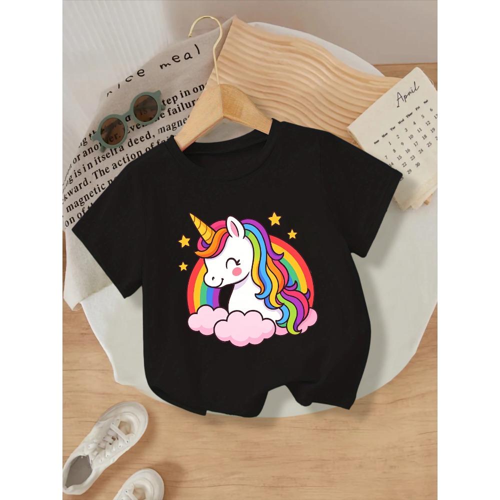 Black short sleeved shirt with unicorn cartoon print, suitable for daily outings