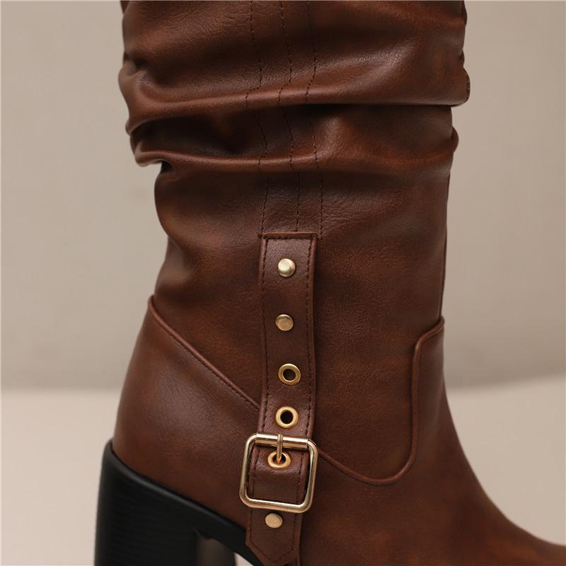Women's High-heeled Boots Autumn and Winter Thick-heeled Large-size Casual Boots Roman Medium Boots
