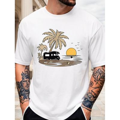 Men'S White And Black Palm Tree And Surf Print T-Shirt | Short Sleeve, Crew Neck, Casual Beachwear, Breathable Summer Shirt With Palm Tree And Wave
