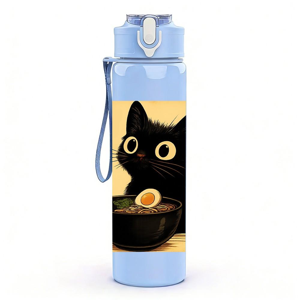 1PC Black Cat Eating Noodles Art 750ml Color Plastic Sports Water Bottle Leakproof Flip Straw Lid Suitable for Sports Office Home Use