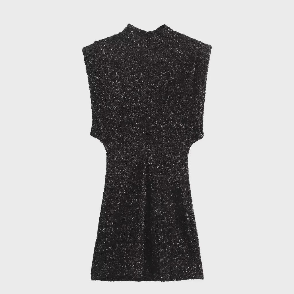 2024 Damen Schwarzes Pailletten-Mini-Abendkleid mit ärmellosem Design, Schulterpolstern und Gürtel