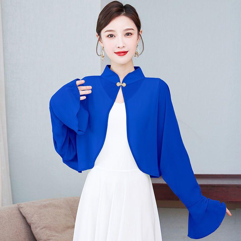 

Шифоновый платок с расклешенными рукавами, солнцезащитный костюм, короткий жилет в стиле ретро с длинным рукавом Cheongsam S синий