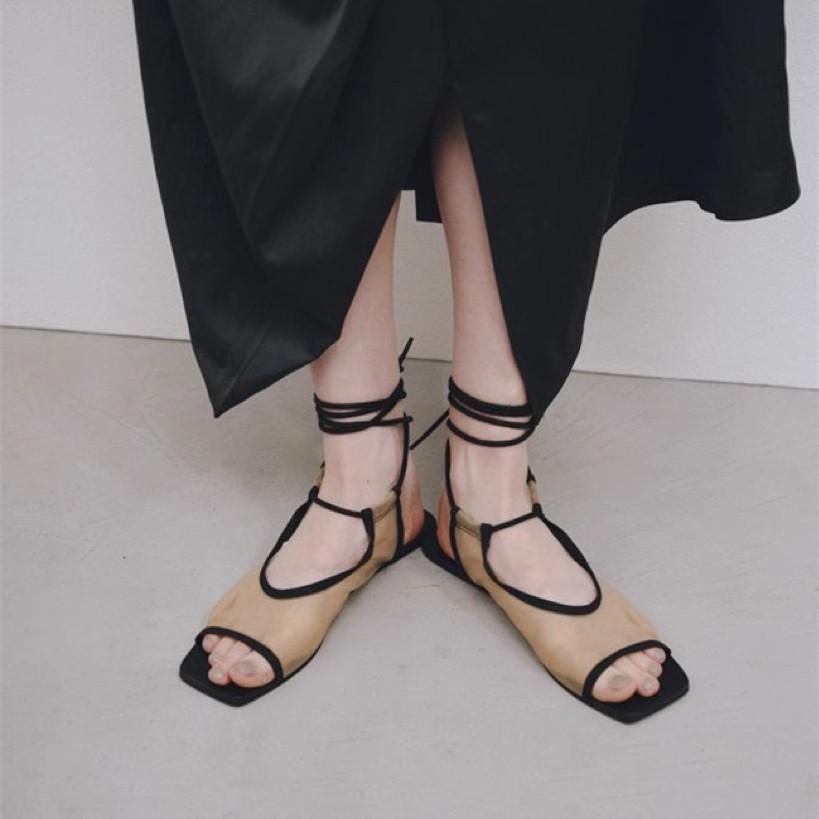 

Французский стиль квадратный носок шнуровка дышащая сетка открытый носок балетки сандалии для женщин 2025 летняя обувь ремешок на щиколотке Sandalias Mujer 35 чёрный