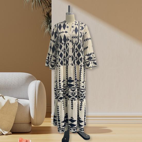 V-Ausschnitt Langarm Knöpfe Halbe Knopfleiste Plissee-Nähte Großer Saum Strandkleid Geometrisch