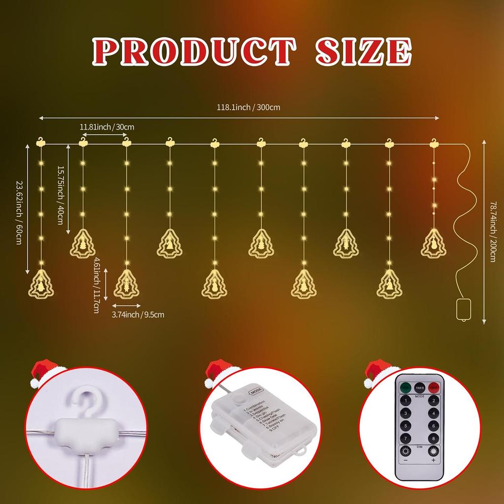 Christmas Tree Curtain Lights, Christmas Window Lights Decor with Remote,8 Lighting Modes, IP65 Waterproof, 10 Hooks Christmas Decorations Indoor