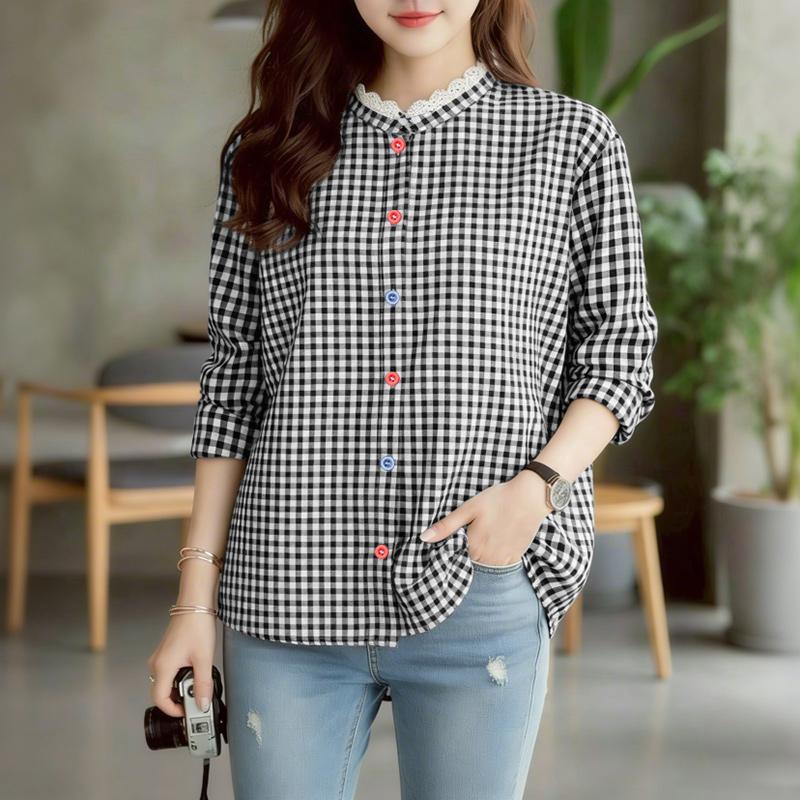 ZANZEA Women Splice Round Neck Casual Long Sleeve Plaid Print Blouse S чёрный