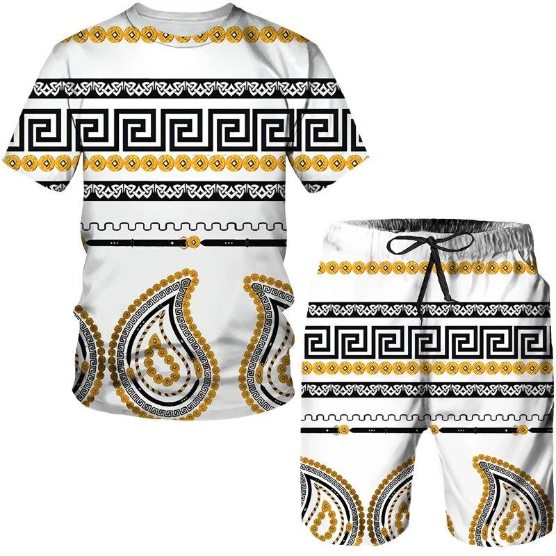 Luxury Golden Flower 3D Print Men Women Tees/Suits Vintage Baroque Pattern T-Shirts&Shorts Set Fashion Couple Streetwear Clothes
