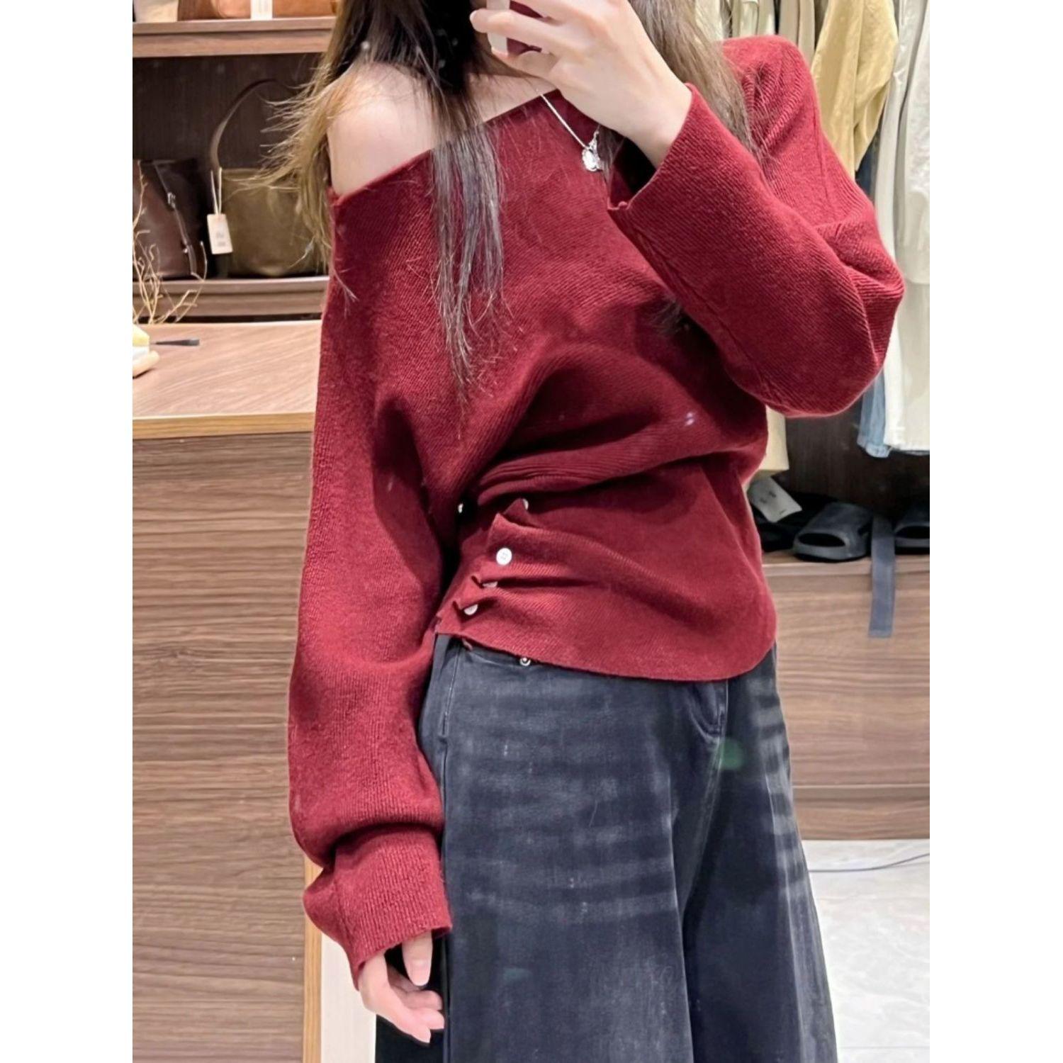 

Women s Red One-Shoulder Knit Sweater - Autumn/Winter Trendy Slim Base Top One Size