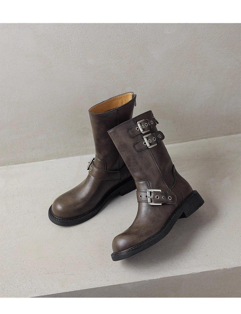 Women's Retro Martin Boots, Round Toe, Autumn/Winter, Metal Accent, Ankle-Length, Cowboy Style, Thick Sole.
