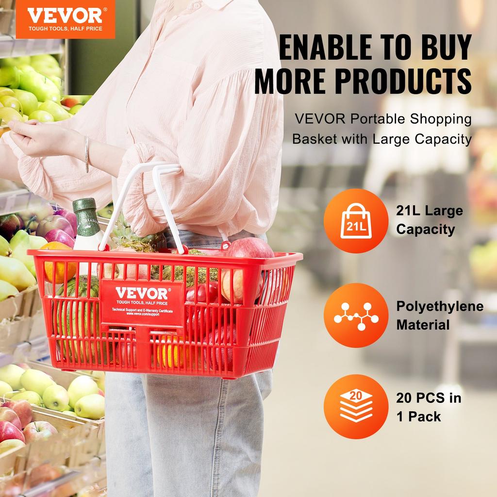 VEVOR Shopping Basket, Set of 20, 21L Durable Plastic Grocery Basket with Handle and Stand