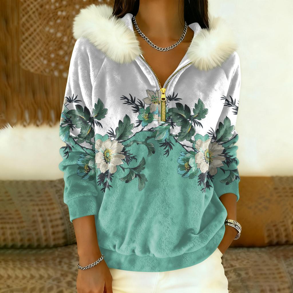 Lässiges und bequemes Damen-Freizeit-Top mit Kapuze, halbem Reißverschluss, langen Ärmeln und klassischem Aufdruck