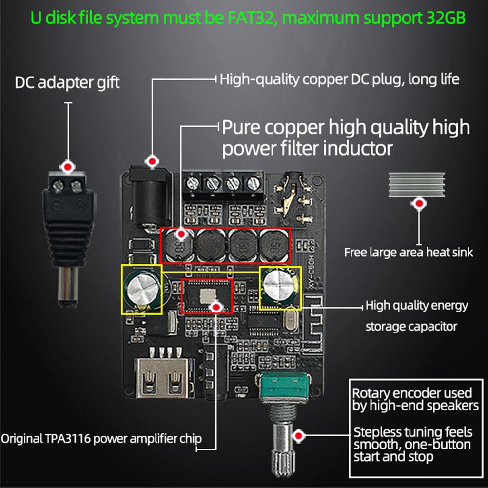 XY-C50H 50Wx2 Bluetooth 5.0 Power Amplifier Class D Audio 10W~200W HiFi Stereo Wireless Music Player Mini USB App Digital AMP