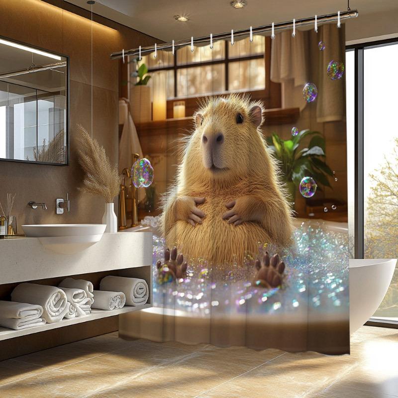 1 Stück Dickes Capybara Badewanne Duschvorhang - Hyperrealistisches CGI, Blasen, Sanfter Ausdruck, 70,8x70,8", Polyester, Waschbar
