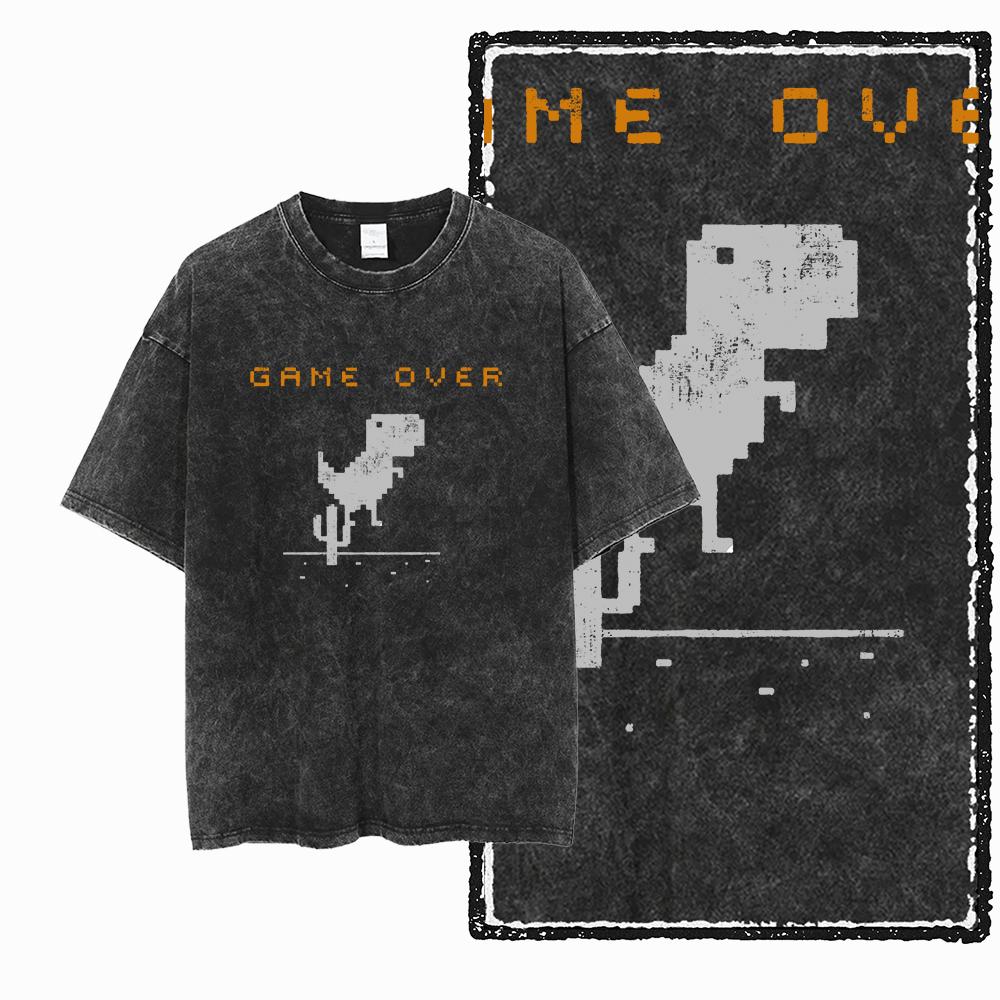 ZH DINO GAME THEME Printed Cotton Acid Washed Exclusive Graphic Unisex T Shirt Cool Streetwear Men Tshirts Big Size Tee for Men