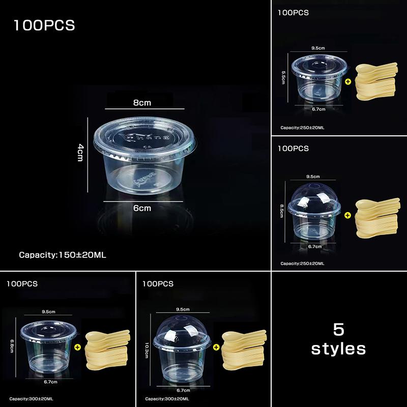 100Pcs 150ml 250ml 300ml Pudding Cups Disposable Packing Box with Lids Plastic Boxes Ice-Cream Dessert Picnic Party Packing