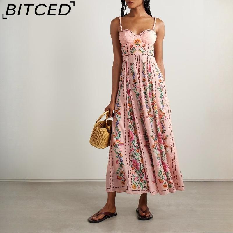 BITCED Women's Sexy Beaded Spaghetti Strap Positioned Print Resort Dress