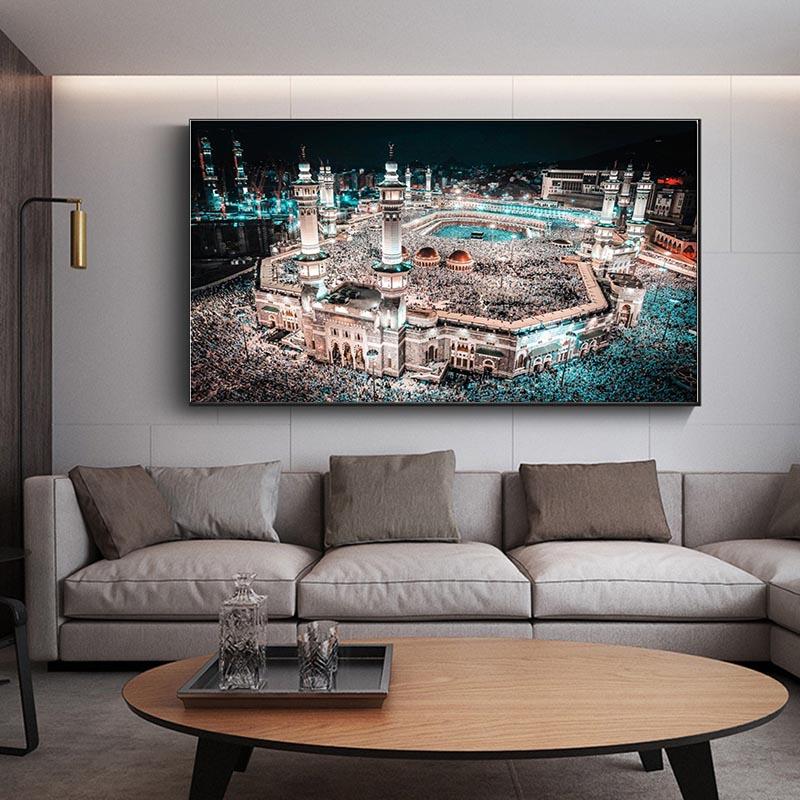 

Мекка Мечеть нічний вид Картини на полотні Кабе ісламські плакати та принти Настінні картини для домашнього декору вітальні без рамки 60*150cm