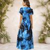 Women Plus Size V Neck Short Sleeve Blue Printed Long Straight Dress