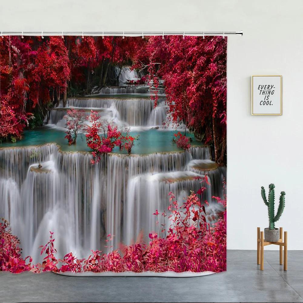 Tropischer Regenwald Landschaft Duschvorhänge Wald Wasserfall Schöne Naturszenerie Luxuriöse Badezimmer Dekoration Bildschirm Mit Haken