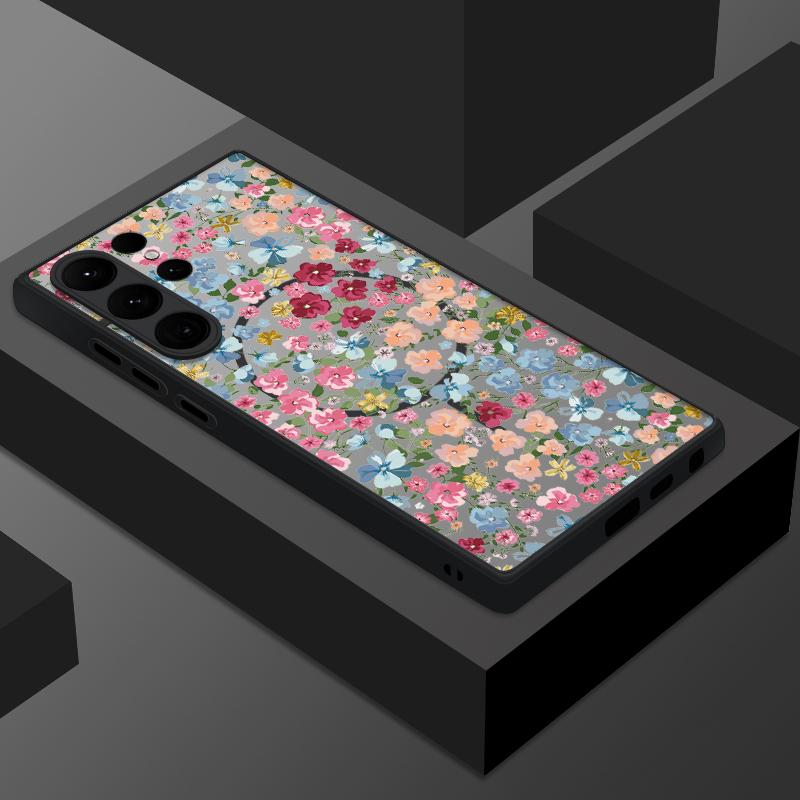Floral Print Matte Clear Phone Case For Samsung S25 Ultra S24 FE S23 Plus S22 S21 Wireless Charge Magnetic Hard PC Shockproof Soft Edge Bumper Cover