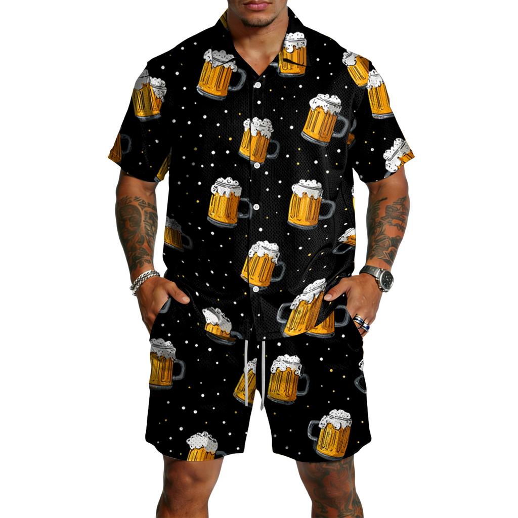 Men's Casual Short Sleeve Shirt and Shorts Set Beer Festival Print Lightweight Breathable Summer Outfit for Outdoor Activities