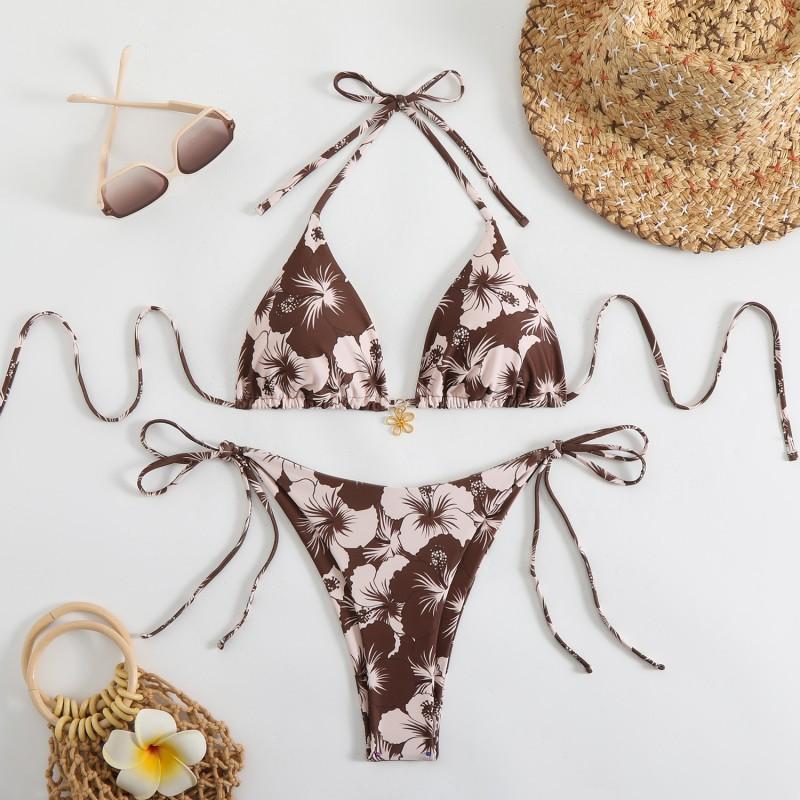 Printed Tight Lace Backless Sexy Split Swimsuit Bikini Women