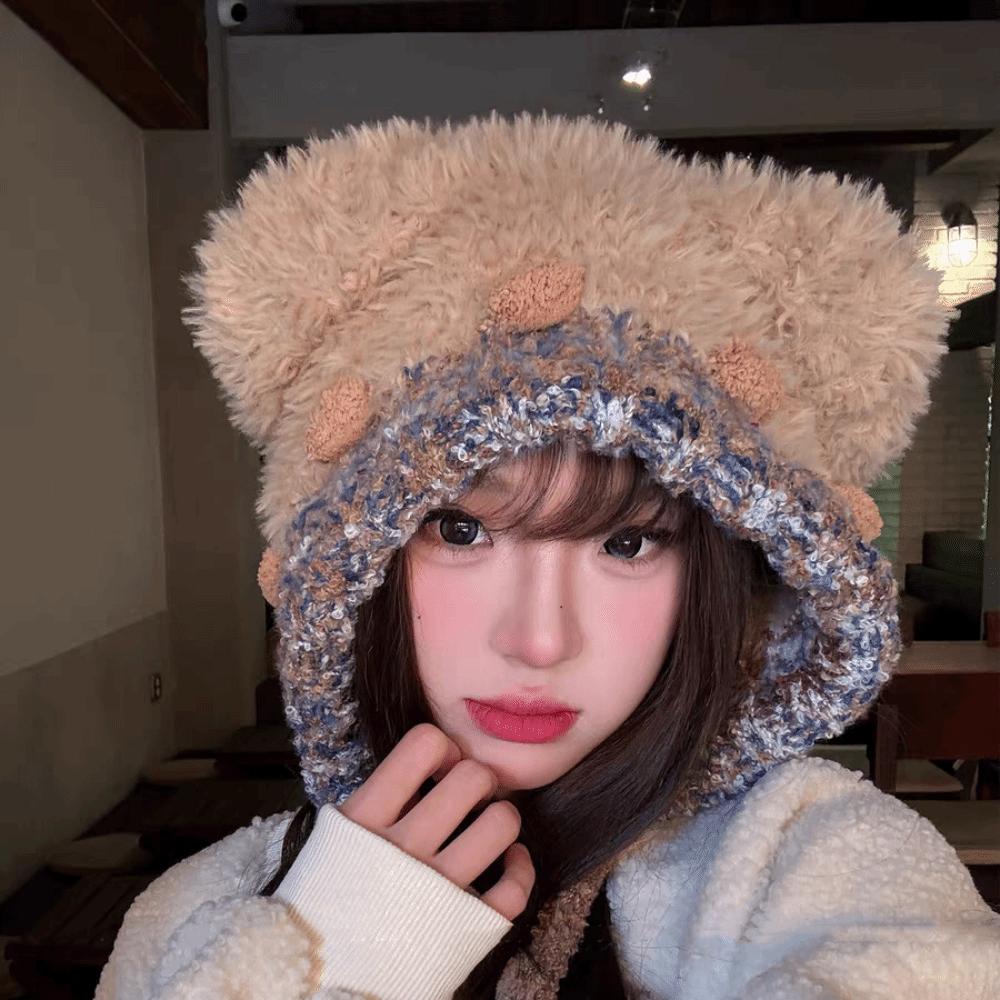 Fluffy Lei Feng Hat Ear Protection Winter Warm Hat Fashion Bear Ear Plush Hat Girls