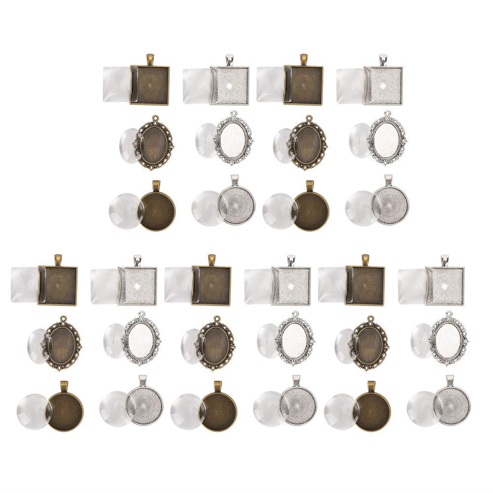 60pcs Metal Round Oval Pendant Base Tray Glass Domes Sheet Jewelry DIY Tool Accessory