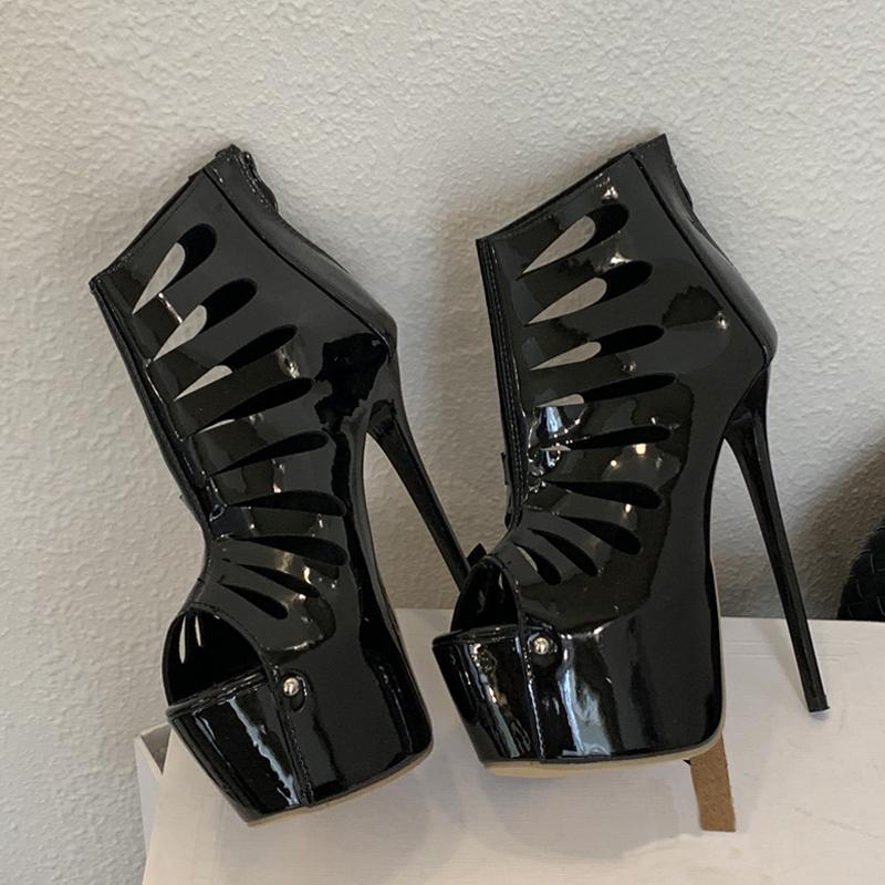Schwarze Damen Sexy Peep Toe Party Stripper Pole Dance Schuhe Mode Reißverschluss Stiefeletten Super High Heels Plateau Stiefeletten Weiblich