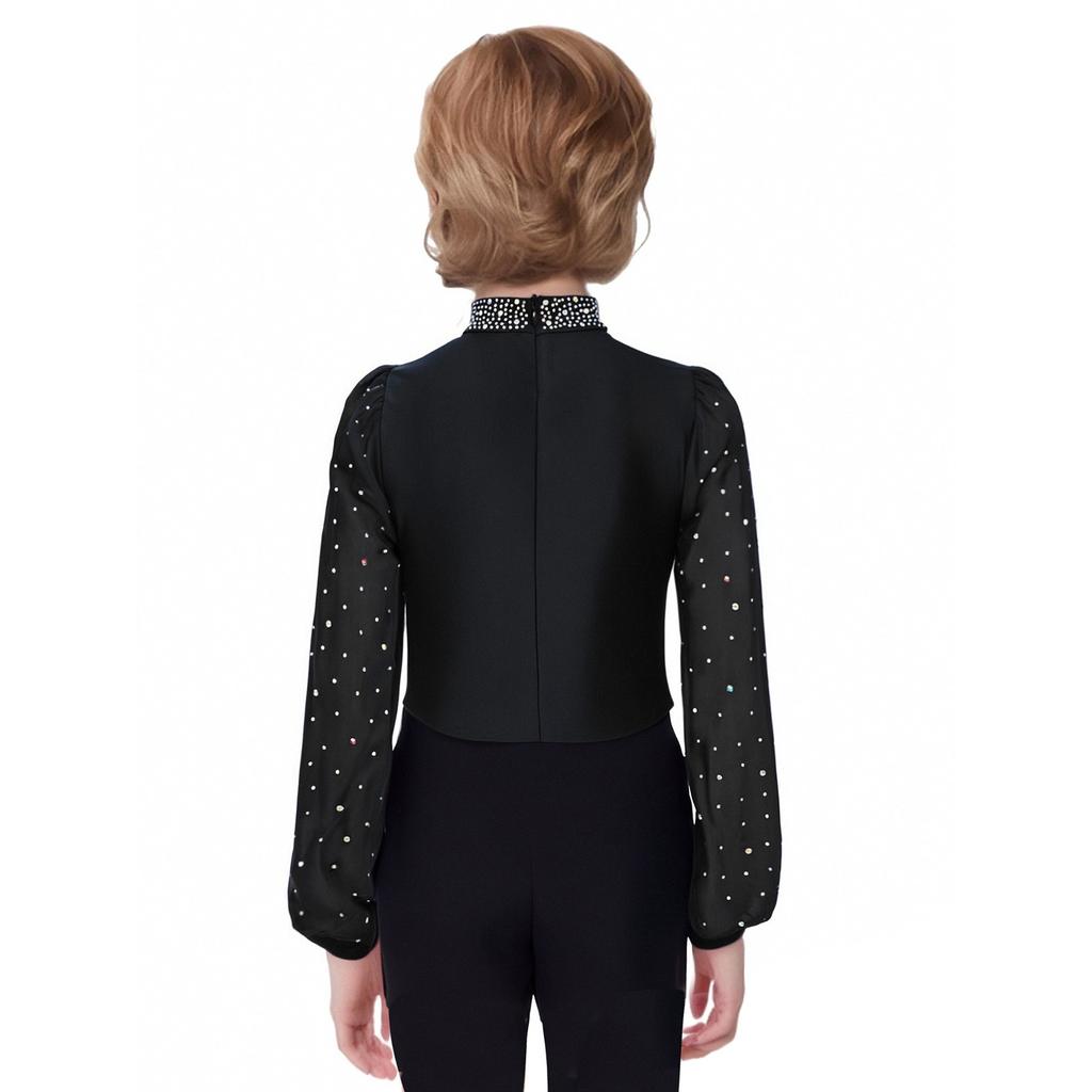 Body cu mâneci lungi și gât înalt, împodobit cu strasuri, cu capse la crotch și fermoar la spate, pentru patinaj artistic