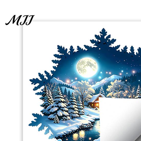 Transparent PVC Festive Decor Snowy House Window Cling, Static Sticker with Moonlit Forest Scene and Easy to Remove Glass Art Large Snowflake