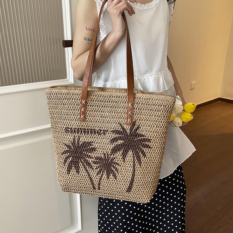 Summer Large Capacity Straw Beach Women's Tote Bags Coconut Tree Pattern Handbag Leather Strap Beach Shoulder Bag
