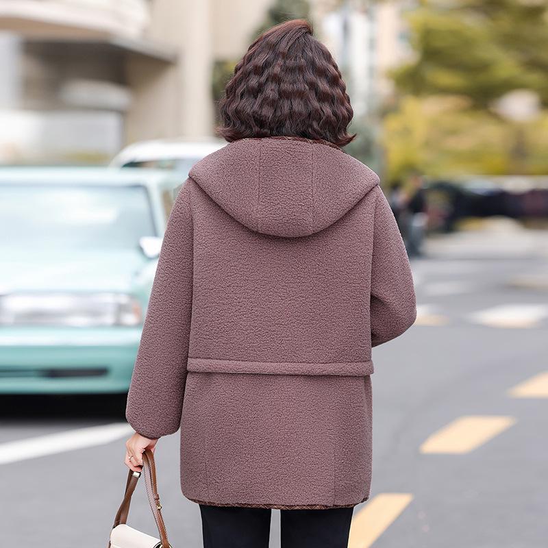 Mom's Winter Particle Fleece Hooded Jacket: Velvet-Thickened, Lambswool Cardigan for Middle-Aged and Elderly Women
