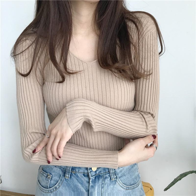 Herbst Neu Langarm V-Ausschnitt Pullover Basis Pullover Damen Winter Slim Fit Casual Strickpullover Damen Mode Kleidung Casual Uni Strickwaren 25285