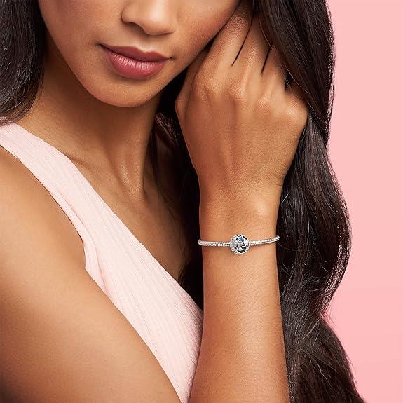 Moon and Star Silver Charm with Clear Cubic Zirconia and Blue Enamel