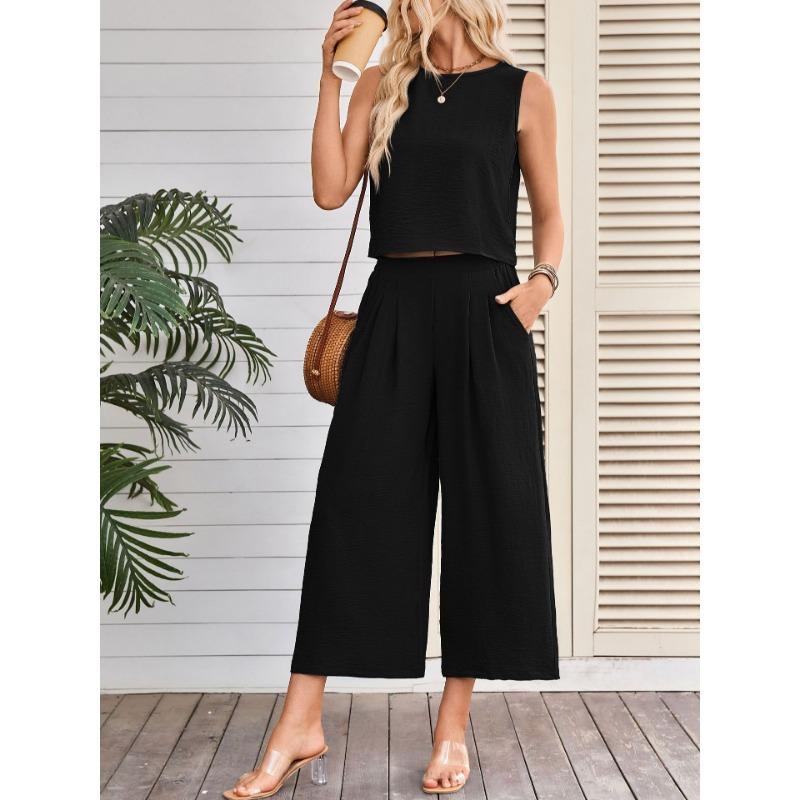 Women Summer Casual Sleeveless Vest Wide Leg Cropped Pants Two Piece Set