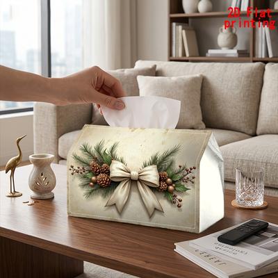 2D Flat 1pc, Tissue Box. Christmas Wreath Pattern Napkin Dispenser, Reusable, Daily Desktop Tissue Organizer, Suitable for Kitchen Living Room Bedroom