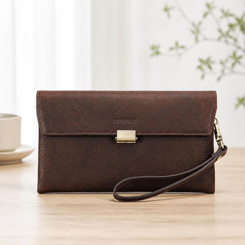 CONTACT'S Full Grain Leather Men's Clutch Bag RFID Male Wristlets Wallet Bag Large Capacity Phone Pocket Long Purse Credit Card Holder
