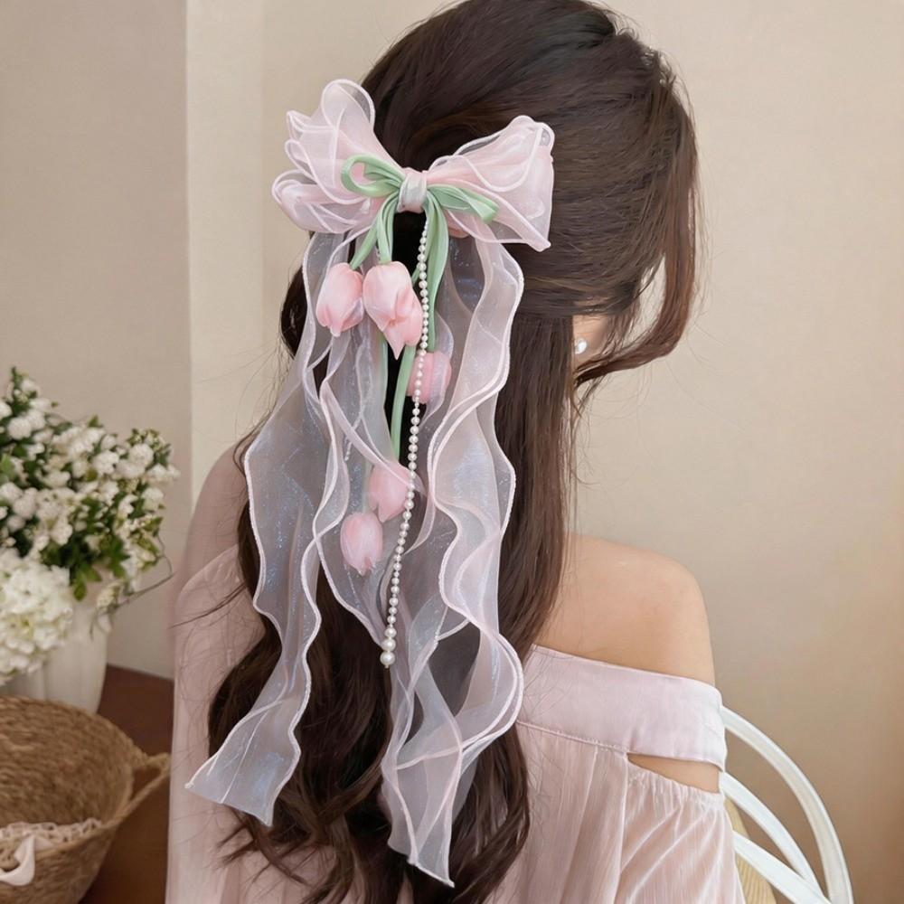 Fairy Style Tulip Hair Clips Mesh Ribbon Organza Bowknot Barrette Muguet Flower Hairpin Feminine