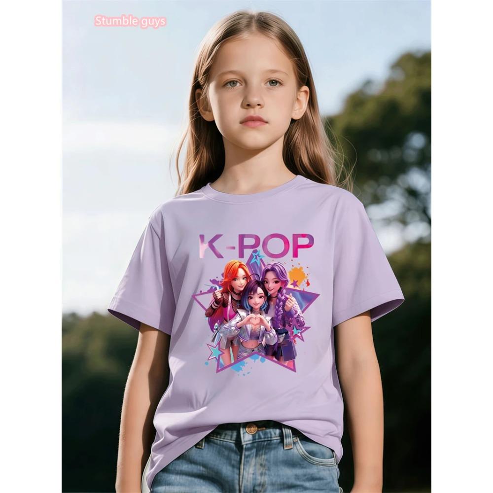 

Girls Anime Kpop Theme T-Shirt 2026 Summer Style Cute Graphic Print Short Sleeve Soft Comfortable Anime Clothes Kids Tee 110