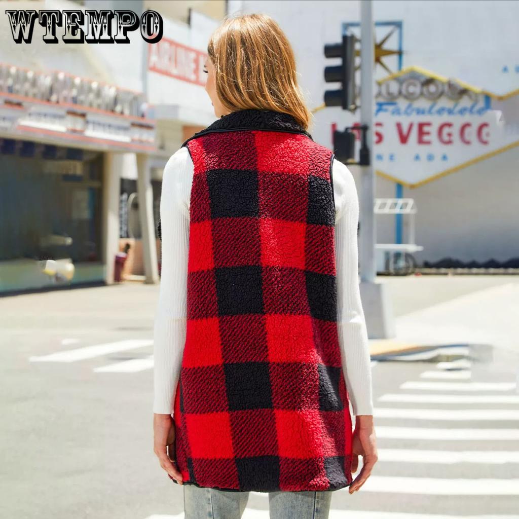 Autumn and Winter Women's Loose Fashionable Medium-length Hooded Buttonless Cardigan Plaid Plush Vest Jacket Women