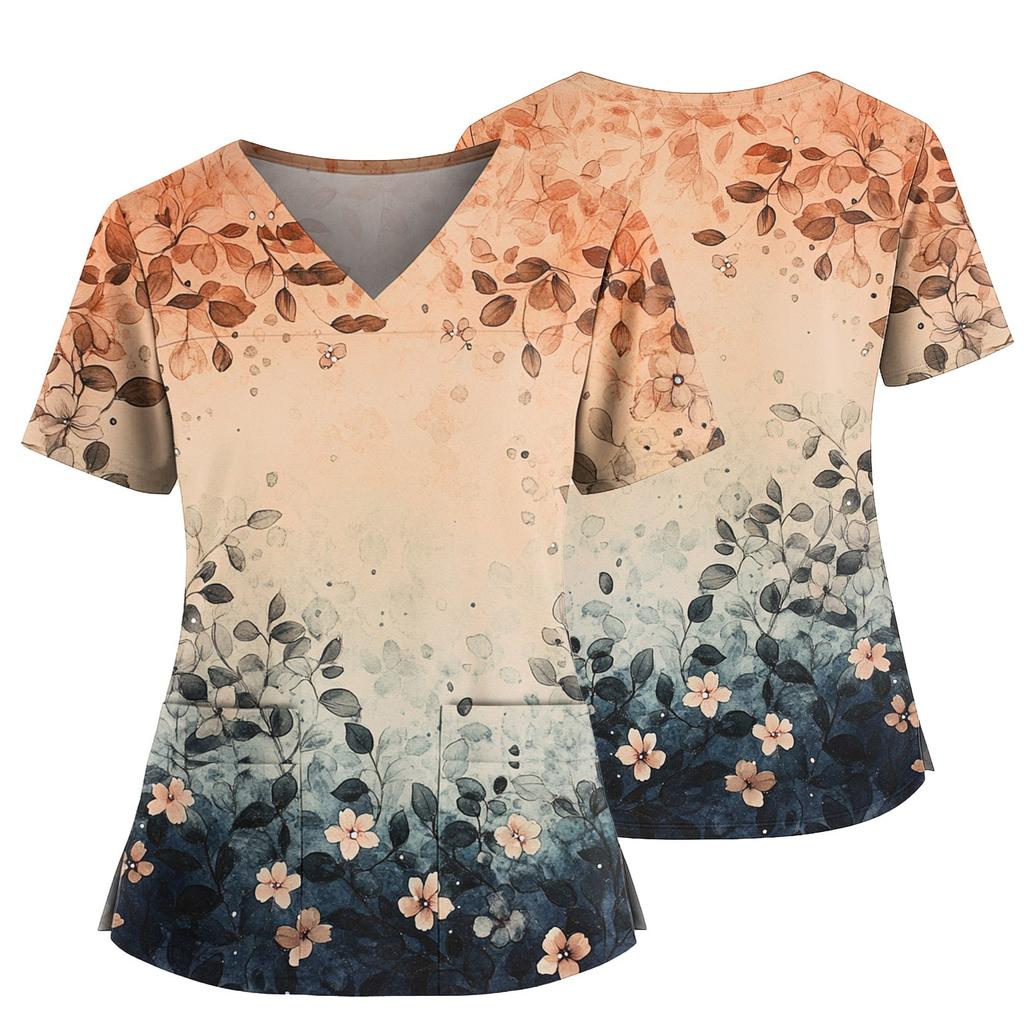 Top casual de damă cu imprimeu, gât în V, buzunar, crăpătură laterală, mâneci scurte, top cu mâneci scurte